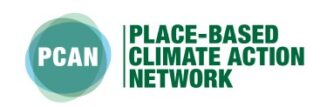 Circle with PCAN written in the center, with the words PLACE-BASED CLIMATE ACTION NETWORK written next to the circle