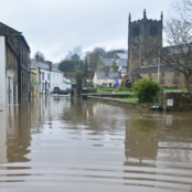 Buildings surrounded by floodwater
