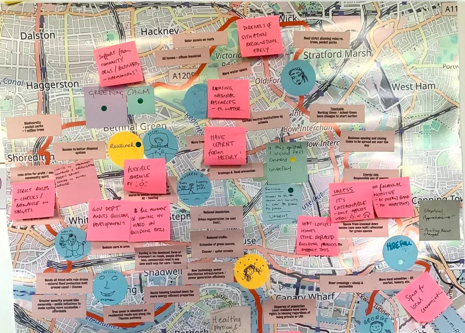 A large printed street map of East and Central London is covered with numerous colourful sticky notes; mainly pink, blue, and peach, as well as a few hand‑drawn icons and symbols. The notes are clustered across different neighbourhoods such as Hackney, Shoreditch, Canary Wharf, and Stratford. Each sticky note contains short handwritten comments, ideas, or concerns related to local climate adaptation, such as heat impacts, community needs, infrastructure issues, or suggestions for improvements. Circular blue stickers with simple drawings are also placed across the map. The overall layout suggests a collaborative workshop activity where participants mapped place‑based insights, priorities, and experiences.