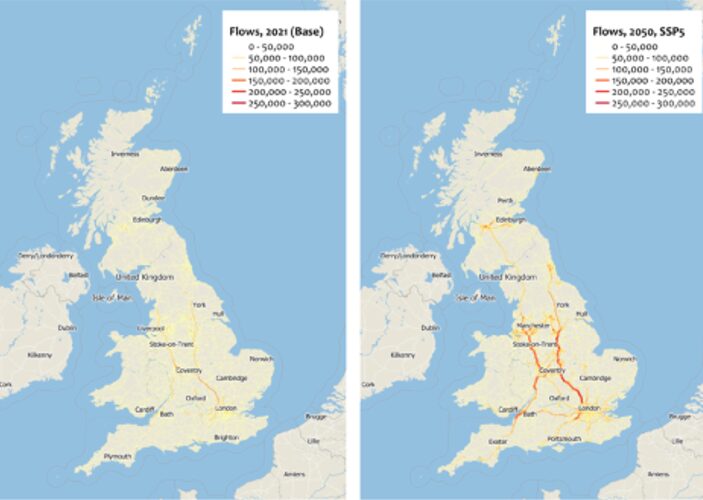 Figure 1. Spatial commuting flows comparison (left: baseline, 2021; right: future, 2050, SSP5). 