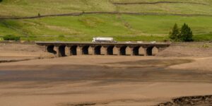 General view of low water levels in Woodhead Reservoir, Derbyshire, following the driest spring in England since 1893. The reservoir supplies water to Greater Manchester. June 15 2025.